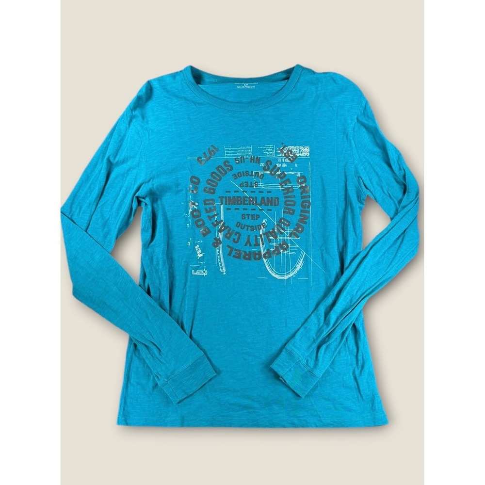 Timberland Mens Long Sleeve Graphic Tee Teal Blue Slub Knit Shirt Size Small
